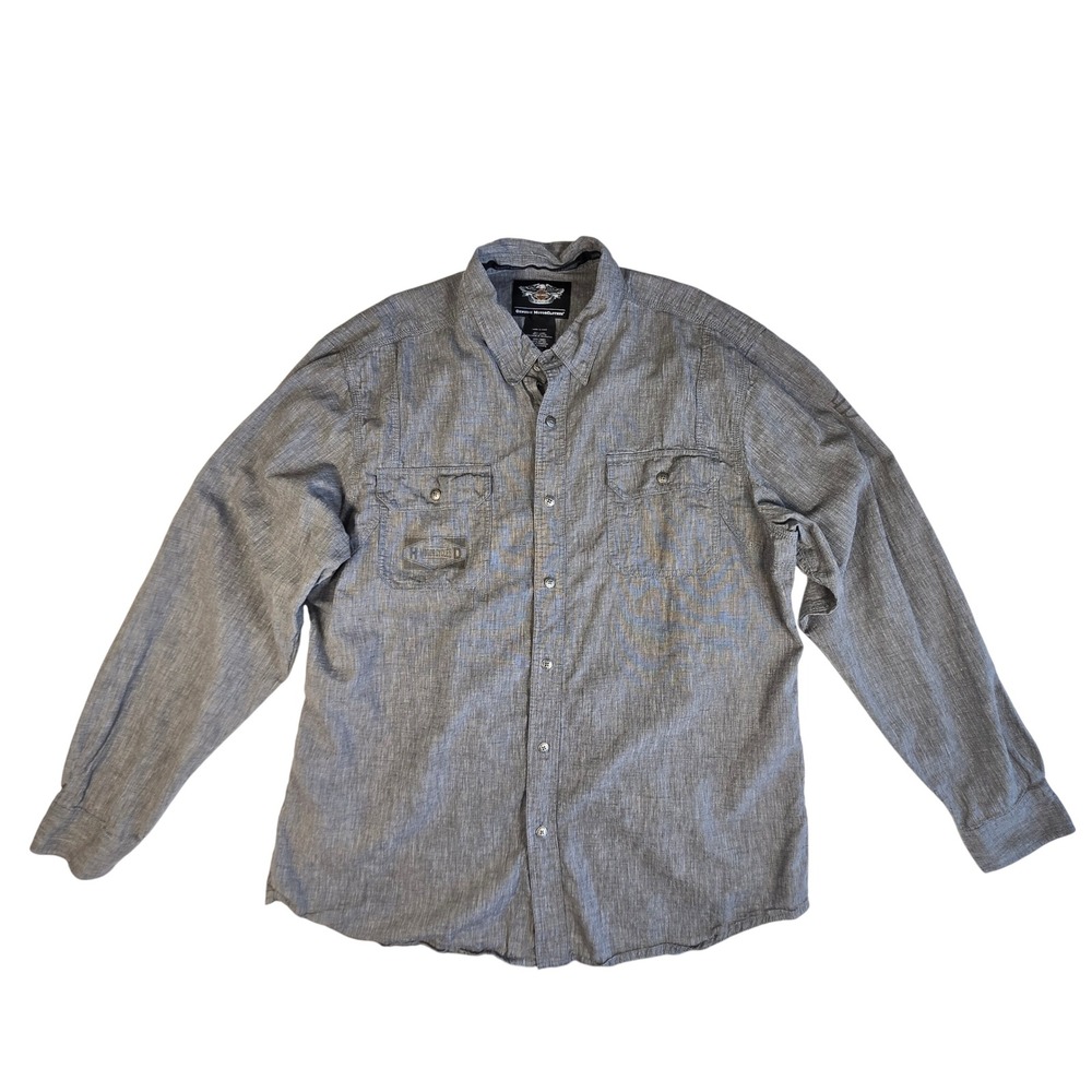 Harley Davidson Motorcycles Gray Linen Blend Casual Button Up Shirt Tall 2XL